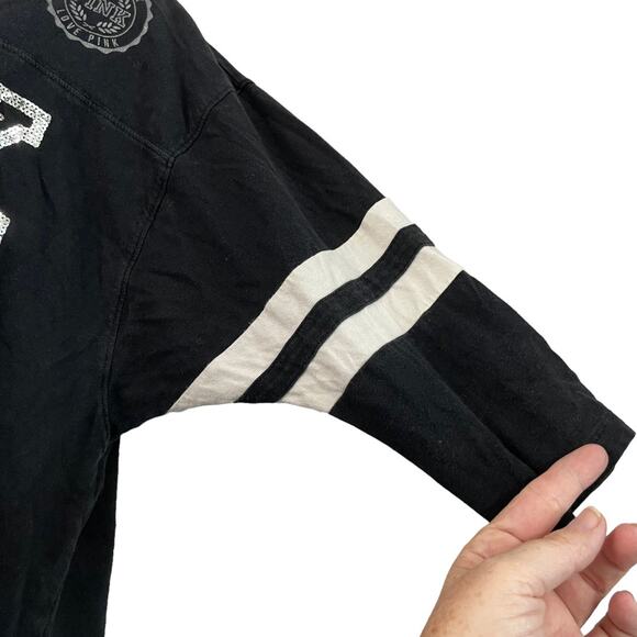 Victoria's Secret PINK Silver Sequin Logo Size Small 3/4 Sleeve Black T-Shirt - Picture 4 of 8